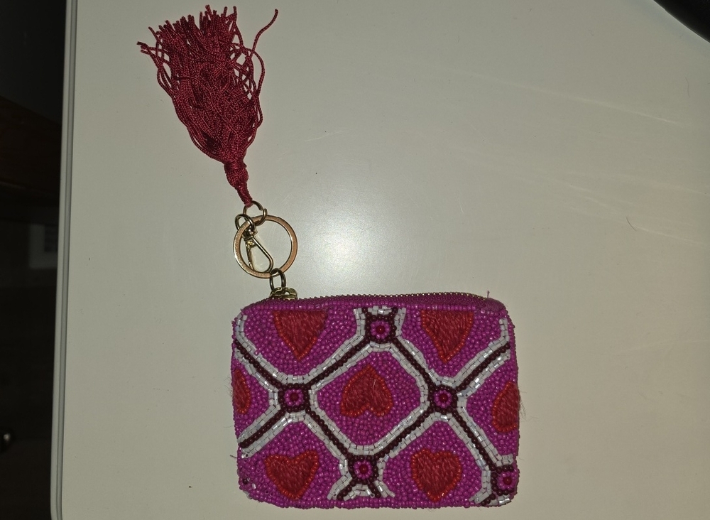 Anthropologie Red and Pink Heart Beaded Change Pouch